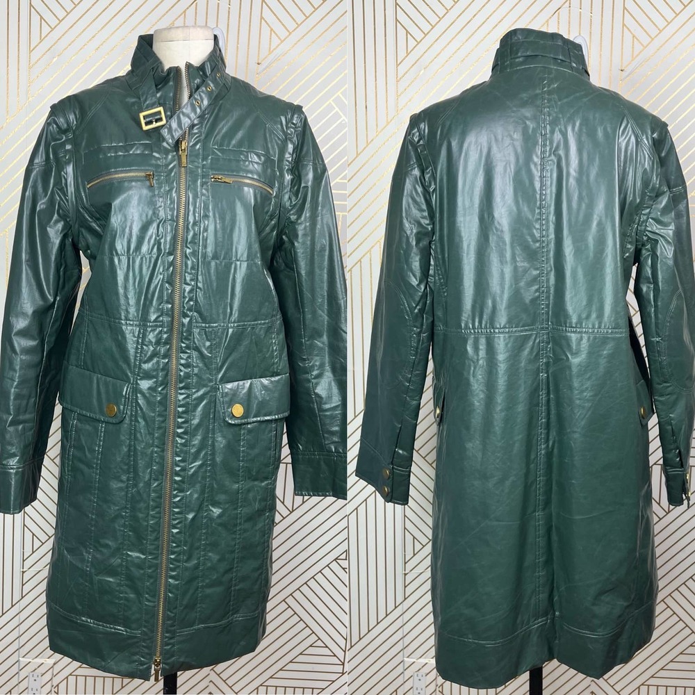 Tory Burch Green Patent Quilted Mid-Length Coat Jacket Size US 12